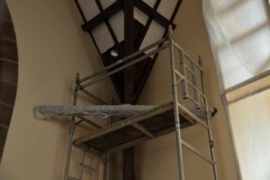 Damaged plaster removed over Rector's vestry - sarking needs replacement